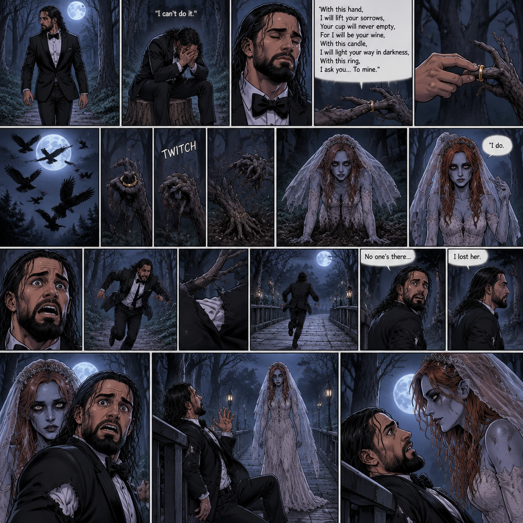 (Part 1 of the corpse bride,Seth x Becky style). Seth Rollins was walking in the woods alone at night after running away from a wedding rehearsal. After a while He sat at a tree stump,he puts his head in his hands. “I can’t do it” Seth said to himself. He took a deep breath. He began practicing his vows,”With this hand,I will lift your sorrows,Your cup will never empty,For I will be your wine,With this candle,I will light your way in darkness,With this ring,I ask you…To mine”. He puts the wedding ring on a tree branch that suspiciously looks like a ring finger. Then the crows flew by,Then….The branch the suspiciously looked like a hand…twitched. Then….The branch that suspiciously looks like a hand pulled itself underground. Seth got spoked when he saw that. Then…an undead woman in a wedding dress (Becky Lynch) crawled out from the ground. She stood up,Lifted her vail,Looked at Seth and said in a quiet voice “I do”. Seth got scared and ran further into the woods. The woman just slowly and calmly walked after him. While Seth was running his tuxedo jacket got caught in some branches and ripped. He kept running till he got to a bridge. He looked behind him…No one was there. He believed he lost her. He turned around to walk home…The undead bride was right there. Seth got spooked. He slowly backed away till his back hit the railing. The undead Bride slowly walked towards him