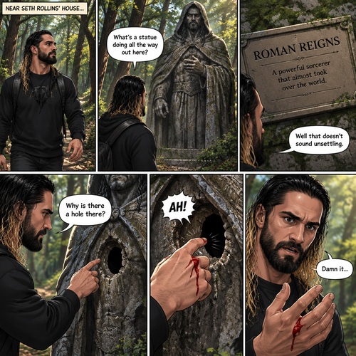 Seth Rollins was walking in the woods near his house,Then…he discovered an old statue Of a man in a cloak (Roman Reigns). “What’s a statue doing all the way out here?” Seth asked himself. He looks at the nameplate “Roman Reigns,A powerful sorcerer that almost took over the world”. “Well that doesn’t sound unsettling” Seth said to himself sarcastically. Then he noticed a hole on the statue. “Why is there a hole there?” Seth asked himself. Then….Seth somehow accidentally cut his hand