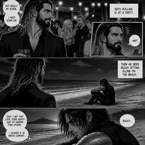 Seth Rollins is at a party,Then he sees Bucky sitting alone on the beach