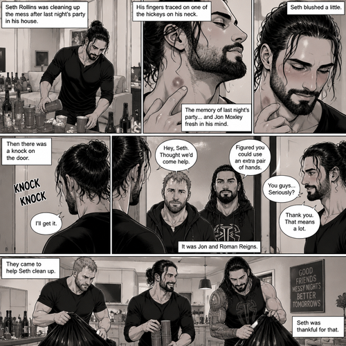 (Part 2) Seth Rollins was cleaning up the mess after last night’s party in his house. His fingers traced on one of the hickeys on his neck. The memory of last night’s party…and Jon Moxley Fresh in his mind. Seth blushed a little,Then there was a knock on the door. Seth walked to the door and answered it,It was Jon and Roman Reigns. They came to help Seth clean up. Seth was thankful for that