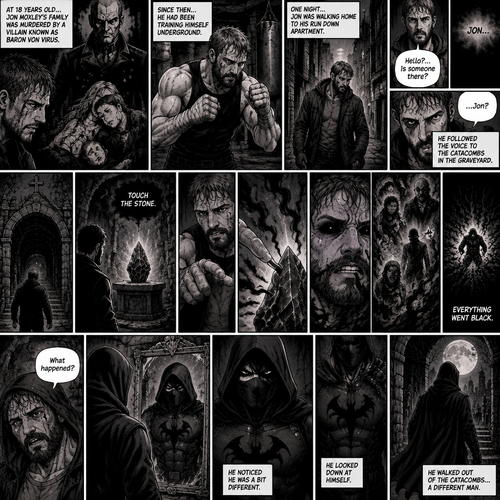 Jon Moxley as a vigilante born from tragedy. When he was 18 years old his family was murdered by a villain known as Baron Von Virus. Since then he had been training himself underground. One night he was walking home to his run down apartment…then he heard a mysterious voice call out his name. “Hello?…Is someone there?” Jon asked. It called out his name again. He followed the voice to the catacombs in the graveyard. Up ahead…He sees something glowing. It was some sort of stone…a shadow stone. Then the voice repeats “Touch the Stone”. Jon slowly walks towards the stone,His hand reaches out. When his fingertip touched the stone…the power of the shadows left the stone and surged into His body. His eyes turned black as visions of the shadows flashed in his mind. Then the power of the shadows burst out. Everything went black. After a while,Jon opened his eyes. “What happened?” Jon asked himself. Then he noticed an old mirror. He looked at his reflection…he noticed he was a bit different. He was wearing some sort of black vigilante suit with a shadow symbol in the middle and hood over his head and he was wearing a mask on his face.He looked down at himself. He walked out of the catacombs a different man