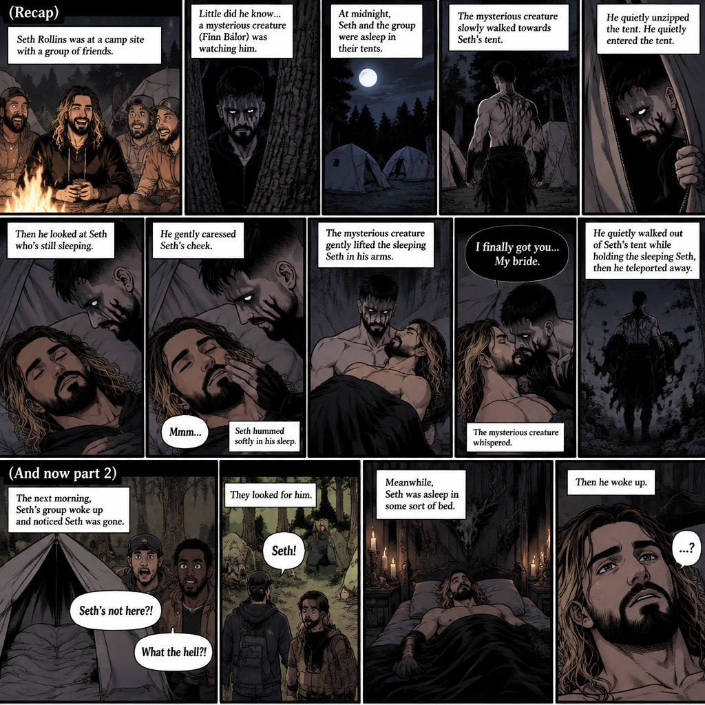 (Recap). Seth Rollins was at a camp site with a group of friends,Little did he know….a mysterious creature (Finn Bálor) was watching him,At midnight,Seth and the group were asleep in their tents,The mysterious creature slowly walked towards Seth’s tent,He quietly unzipped the tent,He quietly entered the tent,Then he looked at Seth who’s still sleeping,He gently caressed Seth’s cheek,Seth hummed Softly in his sleep,The mysterious creature gently lifted the sleeping Seth in his arms,“I finally got you…My bride” The mysterious creature whispered,He quietly walked out of Seth’s tent while holding the sleeping Seth,then he teleported away. (And now part 2). The next morning,Seth’s group woke up and noticed Seth was gone. They looked for him. Meanwhile,Seth was asleep in some sort of bed. Then he woke up