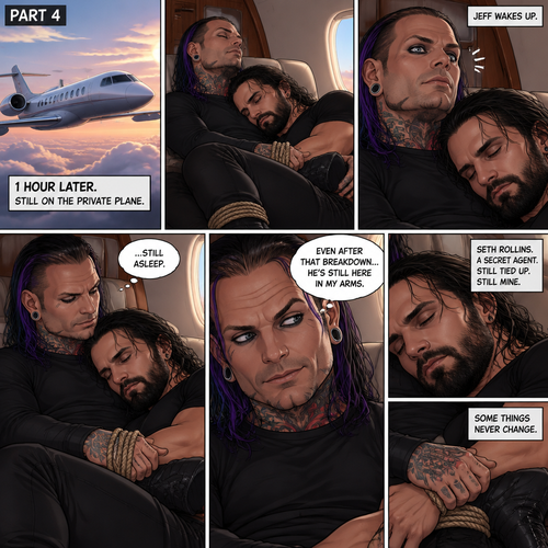 (Part 4). Still on the private plane. 1 hour had passed. The nefarious Jeff Hardy and Seth Rollins (A secret agent) were still asleep after Seth’s emotional breakdown. Seth’s wrists and ankles were still tied up and still in Jeff’s arms. Jeff woke up