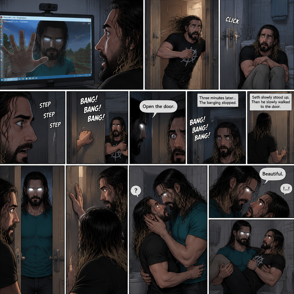 (part 2) Minecraft is still running. Herobrine still stared at Seth Rollins through the webcam. Seth was still paralyzed from fear. Herobrine put his hand on the screen…it went through. Seth ran out of the room in fear and locked himself in the bathroom. For a while nothing happened…then there were footsteps outside the door. Seth’s heart was pounding. Then…..something banged on the door. Seth scrambled away from the door in fear. Then a voice spoke from the door “Open the door”. Seth was too scared to move. The banging on the door continued. After about three minutes,The banging stopped. Seth slowly stood up,Then he slowly walked to the door. He unlocked the door and slowly opened it….Herobrine was standing in front of him….in human form. Seth was about to slam the door but herobrine prevented him from doing so,Then he slowly walked into the bathroom backing Seth into a wall. He slowly wrapped his arm around Seth’s waist,Then he placed his hand on Seth’s cheek. Seth was confused. Then….Herobrine spoke “Beautiful”. Seth gasped softly. Herobrine suddenly lifted Seth in his arms