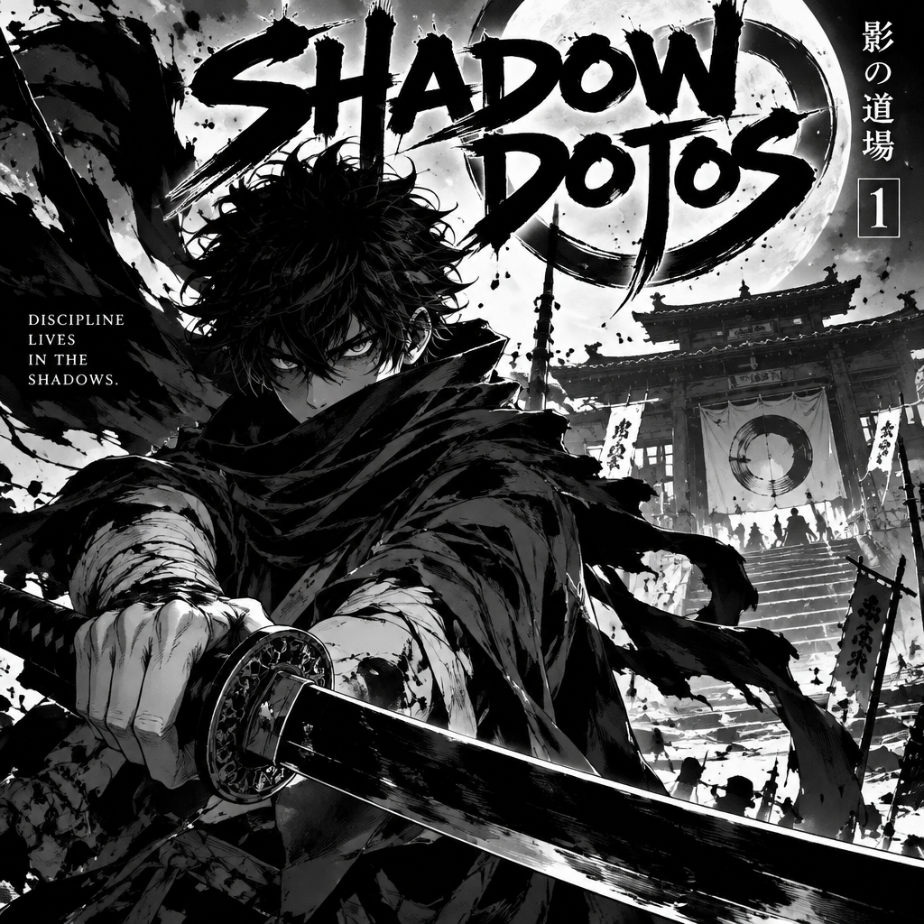 Boy with a black scarf and looks intimidating and holding a black katana for a cover
And the manga is called shadow dojos