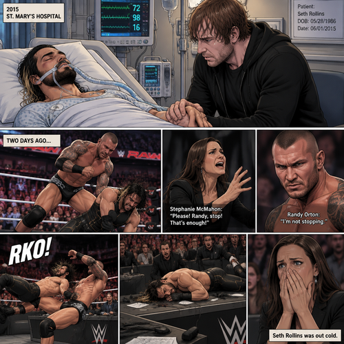 It’s the year 2015,We’re in a hospital. Seth Rollins was lying in a hospital bed unconscious. Dean Ambrose was sitting by his side and holding his hand. (What happened to Seth you ask? Well…let’s rewind to two days ago). Seth was in a match against Randy Orton. It was getting brutal. Randy was beating the heck out of Seth. Stephanie McMahon was begging Randy to stop…but Randy wasn’t stopping. He even went as far as to Rko Seth on the announcers table. Stephanie was horrified. Seth was out cold