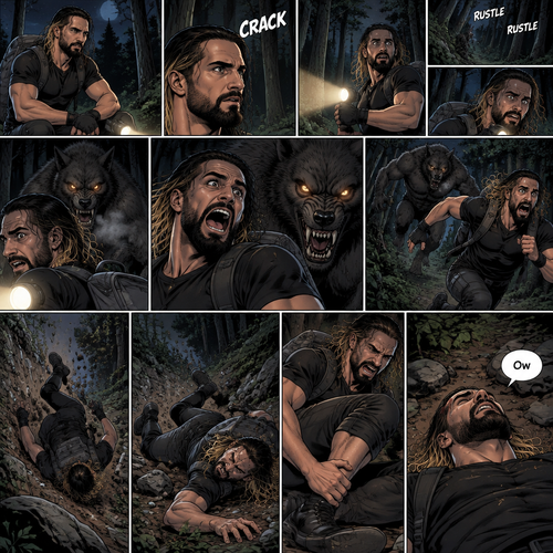 Seth Rollins was lost in the middle of the woods at night,The only this has right now is a backpack and a flashlight.He was about to take a break…then he heard something stepping on a twig.He looked around for the source pointing his flashlight,Then he heard something moving in the woods,He was looking frantically.He was about to give up….then he felt something breathing on him,his heart was beating loudly,He turned around slowly while pointing his flashlight…it was….A werewolf!!.Seth Yelled in fear and ran.The werewolf chased after him,It was gaining on Seth…but he wasn’t about to give up now..so he kept running.Seth was still running….then he tripped and rolled down a steep hill,He sprained his ankle on the way down…and then he hit his head at the bottom of the hill. “Ow” said Seth.He rolled on his back,His head and his ankle were hurting