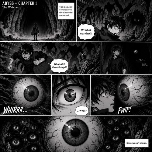ABYSS — CHAPTER 1

Page 2: The Watcher

Sora Amamiya — Character Appearance: A 17-year-old boy, 178 cm tall, with messy, layered jet-black hair, sharp irregular spikes, uneven bangs, and sharp light-grey eyes with dark pupils. He wears a fitted black high-collar jacket with silver buttons over a dark shirt, black trousers, a black belt with a rectangular silver buckle, black lace-up combat boots, and white bandages around both wrists and partially over both hands. He carries a dark travel bag.

Panel 1 — Entering the Abyss

Sora cautiously steps through the enormous entrance into a pitch-black cavern. His small figure is surrounded by towering rock walls. Faint mist crawls across the ground, and strange shadows stretch into the darkness.

Narration: “The moment Sora entered, the silence felt unnatural.”

Panel 2 — Something Moving

Sora turns sharply as several terrifying, distorted silhouettes rush across the distant darkness. Their unnatural shapes are barely visible between the rocks. Two faint glowing eyes flash in the shadows before disappearing.

Sora: “W-What was that?!”

Panel 3 — The Chase

A long, narrow panel showing Sora running through the rocky passage, clutching his travel bag. Behind him, enormous shadowy creatures race across the walls and ceiling. Their shapes are unclear, making them even more frightening.

Sora: “What ARE those things?!”

Panel 4 — Dead Silence

Sora suddenly stops. The creatures have vanished. He stands alone in the darkness, breathing nervously. A tiny floating shape appears far behind him, almost invisible against the black background.

SFX: …TAP… TAP…

Panel 5 — The Flying Eye

A terrifying close-up of a single enormous eyeball floating directly toward Sora. It has a bloodshot white surface, a dark iris, and a tiny black pupil. Thin, dark veins spread across its surface. It floats without a body, staring straight at him.

SFX: WHIRRR…

Panel 6 — It Sees Him

Extreme close-up of Sora’s light-grey eye widening in fear. Reflected inside his pupil is the enormous floating eyeball, now much closer than before.

Sora: “…What?”

Panel 7 — Face to Face

The giant eyeball suddenly darts forward and stops inches from Sora’s face, staring directly into his eyes. Its pupil contracts unnaturally. Sora freezes, his shoulders tense and his hands trembling. The background is completely black, with the eye dominating the panel.

SFX: FWIP!

Panel 8 — The Final Scare

A full-width horror panel. The enormous eye fills nearly the entire page, staring directly at the reader. Behind it, barely visible in the darkness, countless tiny eyes begin opening across the cavern walls.

Narration: “Sora wasn’t alone.”