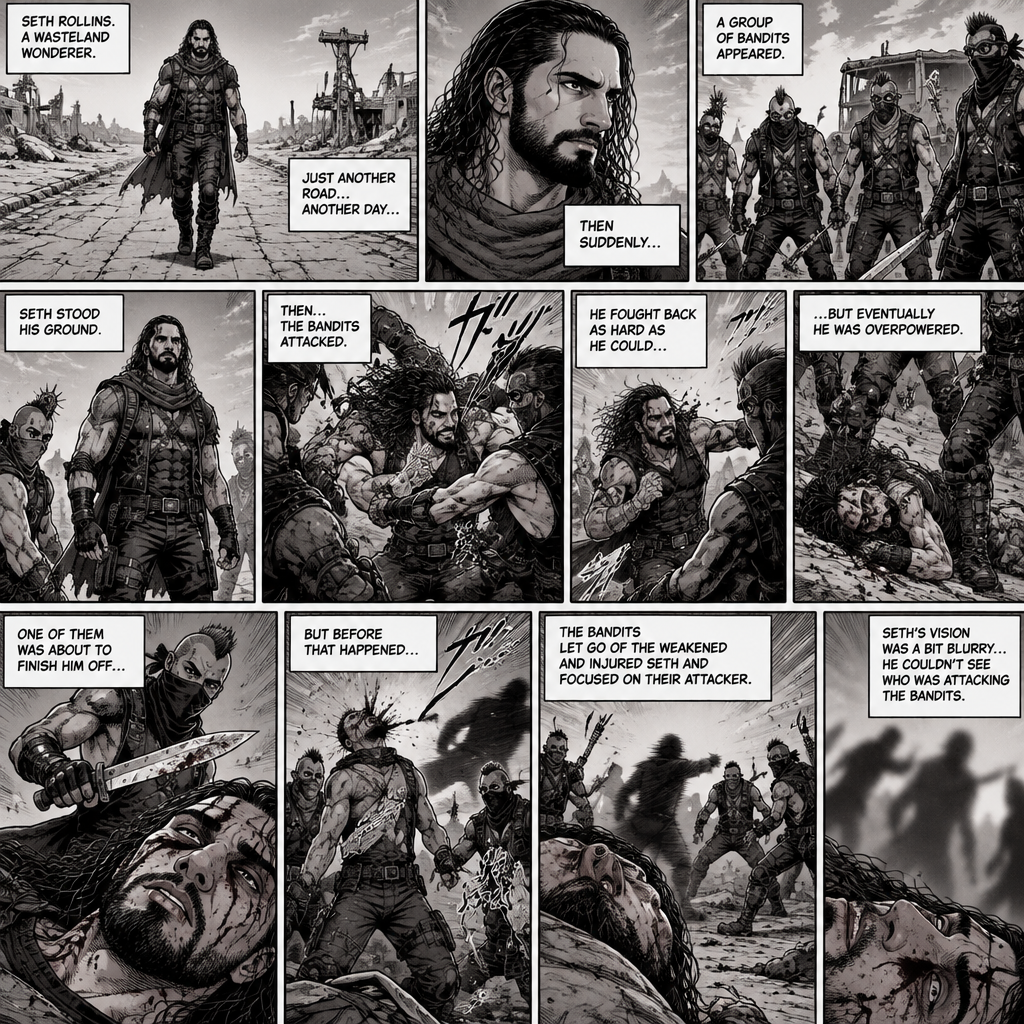 Seth Rollins is a wasteland wonderer,He was just walking down the road. Then suddenly….A group of bandits appeared. Seth stood his ground. Then….the bandits attacked and Seth fought back. He fought back as hard as he could…but eventually he was overpowered. The bandits beat him up really badly. One of them was about to finish him off…but before that happened…..One of the bandits got attacked. The bandits let go of the weakened and Injured Seth and focused on their attacker. Seth’s vision was a bit blurry,he couldn’t see who was attacking the bandits