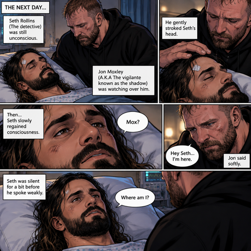 (Part 2 of the Vigilante x detective story). The next day,Seth Rollins (The detective) was still unconscious. Jon Moxley (A.K.A The vigilante known as the shadow) was watching over him. He gently stroked Seth’s head. Then…Seth slowly regained consciousness. He spoke weakly “Mox?”. “Hey Seth…I’m here” Jon said Softly. Seth was silent for a bit before he spoke weakly “Where am I?”