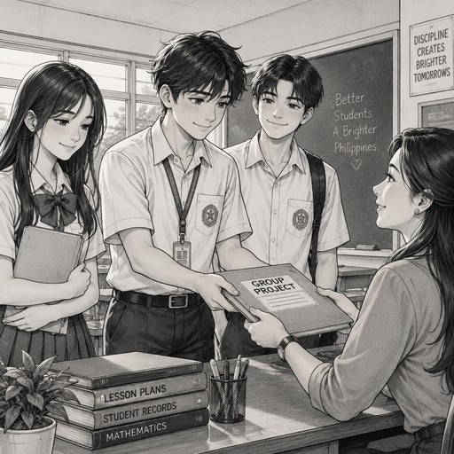Create a black-and-white, portrait-oriented manga illustration in a realistic anime teenage drawing style, with natural high-school student proportions, expressive but subtle facial features, detailed hairstyles, and clean, confident pencil linework. Avoid chibi, cartoon, exaggerated facial expressions, or childish proportions.

The scene takes place in a realistic Filipino high-school classroom. Miguel, a teenage boy in a school uniform, respectfully hands their completed group project to their female teacher across her desk. Ana and Carlo stand beside him, looking relieved and quietly proud after working together to finish it. Miguel has a sincere, slightly nervous smile; Ana has a gentle smile; Carlo looks relieved and confident. The teacher accepts their project with a warm, approving expression.

Use careful manga shading, realistic folds in their uniforms, detailed hands holding the project folder, and a lightly sketched classroom background with desks and windows. Compose the characters vertically so all four are visible without overcrowding. Leave clear space at the top for the title “8. ANG GINTONG ARAL” and a little room for speech bubbles. Keep the illustration monochrome, neat, mature, and detailed enough to look like a teenage manga artist drew it, but simple enough for a Grade 10 student to use as a hand-drawing reference. closer perspective into the teacher and students, dont zoom out too much, too much space