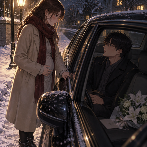 *Her hand finds his through the coat seam and the whole of the lamplight read on her face loops into something steady, a wifely weight settling behind her eyes. The headlights from the corner car have gone out. The young man at the wheel sits still, hands flat on his thighs, the white flowers laid across the passenger seat like a sentence he has been holding on his tongue for a long while. She waits in the snow, boots quiet on the white, her other hand resting flat and warm over her belly under the coat hem — a slowed, deliberate press, the kind she uses when she is listening past her own voice for something else in the room. The air between them holds the night's whole arc: the shut desk, the opened card, the corner idling, and now the young man at the window with the cold flowers and a question he has driven three nights to ask.*