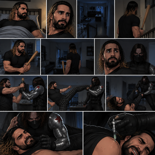 Seth Rollins was in his house about to go to bed…then he heard a noise downstairs. He grabbed a bat and went downstairs to investigate. He looked around,He sees nothing….at first…then he sensed a presence behind him. He swung the bat at the intruder…But the intruder grabbed it….with his metal arm. That’s right…it’s the winter soldier. He threw Seth’s bat away. Seth tried to ninja kick the winter soldier…but he grabbed his ankle and threw him on the ground. Then he grabbed Seth’s ankle again and pulled him closer. Seth struggled. The winter soldier got on top of him. Seth kept struggling. The winter soldier grabbed something out of his pocket,He injected it into Seth