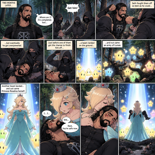 (Part 2 of the Seth Rollins x Princess Rosalina story). It had been two months since that night. Seth hadn’t seen Luma since. He was walking in the woods completely lost. Then suddenly….he attacked by a group of bad guys. He fought them off as best as he could…but eventually he got overpowered. Just before one of them got the chance to finish him off…a beam landed on the ground…and out came an army of Lumas. They attacked the bad guys. Another beam landed…and out came Princess Rosalina herself. She walked towards the injured Seth. She gently held him. Seth tried to speak but Rosalina shushed him softly. “Rest,You’re safe now” Rosalina said softly. She lifted Him in her arms and rested his head on her shoulder. The bad guys were all knocked out. Rosalina walked back to the beam with Seth in her arms. (End of part 2)