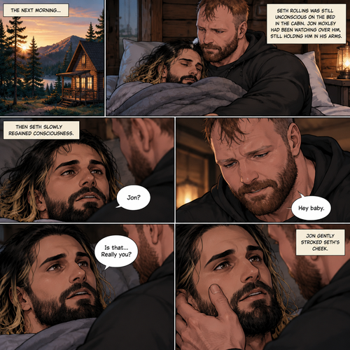 (The monster apocalypse/Moxollins story part 3). The next morning,Seth Rollins was Still unconscious on the bed in the cabin with the blanket wrapped around him to keep him warm. Jon Moxley had been watching over him Still holding him in his arms. Then Seth slowly regained consciousness,The first thing he sees is Jon looking down at him,Then he spoke softly “Jon?”. “Hey baby” Jon said softly. “Is that…Really you?” Seth asked softly. Jon gently stroked Seth’s cheek