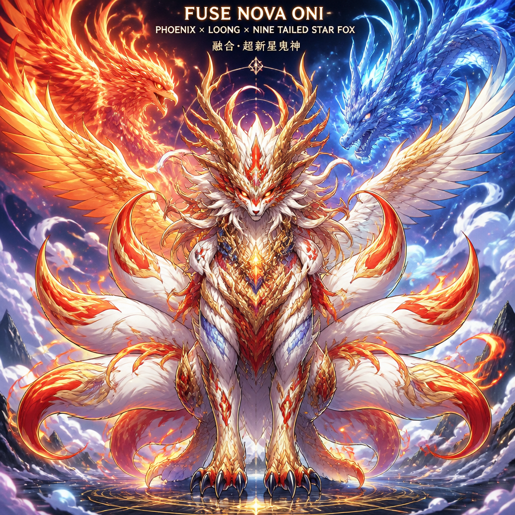 Fuse nova oni,loung dragon and nine tailed star fox as a new creature that has all the best appearance form Phoenix, loung dragon and nine tailed. Front view