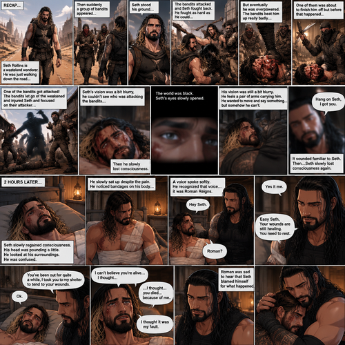 (Recap).Seth Rollins is a wasteland wonderer,He was just walking down the road,Then suddenly A group of bandits appeared,Seth stood his ground,Then the bandits attacked and Seth fought back,He fought back as hard as he could,but eventually he was overpowered,The bandits beat him up really badly,One of them was about to finish him off but before that happened One of the bandits got attacked,The bandits let go of the weakened and Injured Seth and focused on their attacker,Seth’s vision was a bit blurry,he couldn’t see who was attacking the bandits,then he slowly lost consciousness. (And now part 2). The world was black. Seth’s eyes slowly opened,His vision was still a bit blurry. He feels a pair of arms carrying him. He wanted to move and say something…but somehow he can’t. Then he heard a faint voice saying “Hang on Seth,I got you”. It sounded familiar to Seth. Then…Seth slowly lost consciousness again. 2 hours later,Seth slowly regained consciousness. His head was pounding a little. He looked at his surroundings. He was confused. He slowly sat up despite the pain. He noticed bandages on his body,Then….A voice spoke softly “Hey Seth”. He recognized that voice…it was Roman Reigns. Seth looked up. “Roman?” Seth asked softly. Roman Sat next to Seth. “Yes it me” Roman said softly. Seth tried to get up but Roman stopped him. “Easy Seth,Your wounds are still healing,You need to rest” said Roman. “Ok” Seth said softly. “You’ve been out for quite a while,I took you to my shelter to tend to your wounds” Roman said softly. Seth was quiet for a little. Then he spoke “I can’t believe you’re alive…I thought…” tears welled up in his eyes,Then he continued to speak “…I thought…you died…because of me”. Roman was sad to hear that Seth blamed himself for what happened. “I thought it was my fault” Seth said through his tears. Roman gently hugged Seth while he sobbed