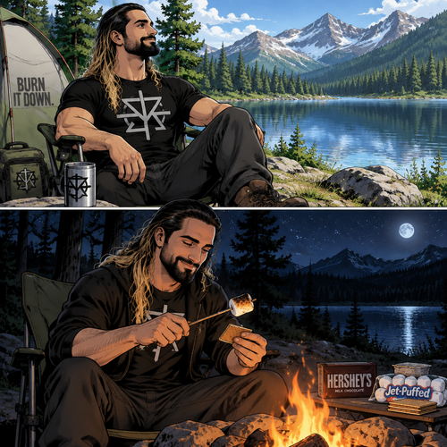 Seth Rollins was camping in the woods,he was enjoying the view of the lake and enjoying the fresh air,Hours later nighttime came,He was making s’mores at the campfire