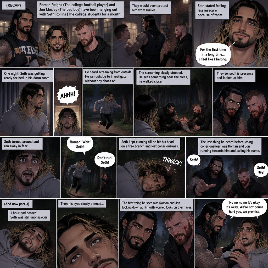 (Recap) Roman Reigns (The college football player) and Jon Moxley (The bad boy) have been hanging out with Seth Rollins (The college student) for a month,They would even protect him from bullies,Seth stated feeling less insecure because of them,one night he was getting ready for bed in his dorm room,then he heard screaming from outside,He ran outside to investigate without any shoes on,the screaming slowly stopped,He sees something near the trees,he walked closer,He sees vampires drinking blood from a burglar,they sensed his presence and looked at him,it was Roman and Jon,Seth turned around and ran away in fear,Roman and Jon called out after him,Seth kept running till he hit his head on a tree branch and lost consciousness,the last thing he heard before losing consciousness was Roman and Jon running towards him and calling his name. (And now part 3). 1 hour had passed,Seth was still unconscious. Then his eyes slowly opened,the first thing he sees was Roman and Jon looking down at him with worried looks on their faces. Seth’s fear returned and he tried to scramble away. Roman gently held him. “No no no no it’s okay it’s okay,We’re not gonna hurt you,we promise” Said Roman