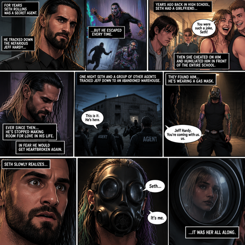 Seth Rollins is a secret agent,For years he was tracking down the nefarious Jeff Hardy…But he escaped every time. Years ago back in high school Seth had a girlfriend…then she cheated on him and humiliated him front of the entire school,Ever since then he’s stopped making room for love in his life In fear he would get heartbroken again. One night Seth and a group of other agents tracked Jeff down to an abandoned warehouse,they found him…He’s wearing a gas mask. Seth slowly realizes…it 