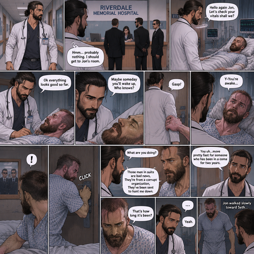 Seth Rollins is a Doctor. He had been looking after a patient (Jon Moxley) who had been in a coma for two years. One day he was walking to Jon’s room,Then he saw men in suits at the front desk. He thought nothing of it and kept walking. He entered Jon’s room. “Hello again Jon,Let’s check your vitals shall we?” Said Seth. He checks Jon’s vitals. “Ok everything Looks good so far” said Seth. He looked at Jon’s face. “Maybe someday you’ll wake up,Who knows?” Said Seth. He got up to leave the room….But a hand grabbed a hold of his wrist. Seth gasped. It was Jon,He’s wide awake and Looking at Seth. “Y-You’re awake” Said Seth. Then Jon carefully got up,Looked out the door and noticed the men in suits. His eyes widened and he shut the door and locked it. “What are you doing?” Seth asked. Jon spoke for the first time since the coma “Those men in suits are bad news,They’re from a corrupt organization,They’ve been sent to hunt me down”. Seth Fell silent,Processing what Jon just said. Jon moved quickly to barricade the door. “You uh…move pretty fast for someone who has been in a coma for two years” said Seth. Jon fell silent while processing that information. “That’s how long it’s been?” Jon asked. Seth nodded slowly. Jon walked slowly toward Seth