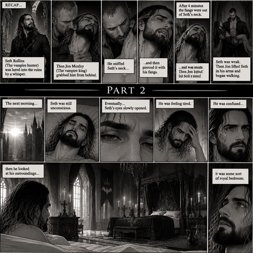 (Recap) Seth Rollins (The vampire hunter) was lured into the ruins by a whisper,Then Jon Moxley (The vampire king) grabbed him from behind,He sniffed Seth’s neck and then pierced it with his fangs,After 4 minutes the fangs were out of Seth’s neck,Seth was weak,Then Jon lifted Seth in his arms and began walking. (And now part 2). The next morning,Seth was still unconscious. Eventually…Seth’s eyes slowly opened,He was feeling tired,He was confused,then he looked at his surroundings,it was some sort of royal bedroom