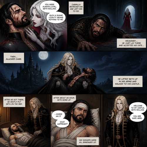 WWE superstar Seth Rollins as a vampire in Castlevania (Netflix series).He was Carmilla’s loyal companion…Till she betrayed him and left him to die.he was weakened.He just layed there and accepted his fate…Then…A long came Alucard.He lifted Seth up in his 
Arms and walked to his castle.After he got there He gently put Seth on the bed.After about an hour Seth woke up.His wounds were all bandaged up.He had no idea how he got here and then Alucard entered the room