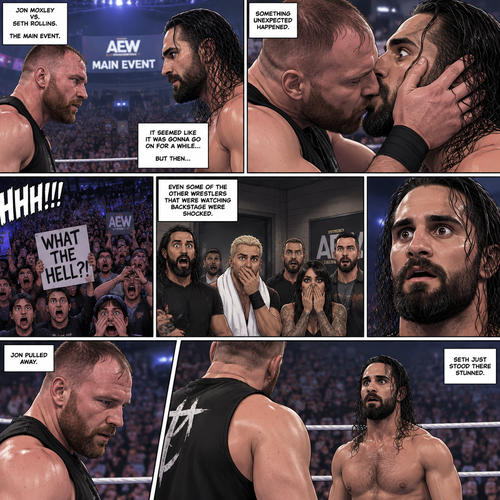 Jon Moxley and Seth Rollins are in a match against each other. It’s the main event. It seems like it was gonna go on for a while…but then….something unexpected happened. Jon…cupped his hands on Seth’s face…pulled him in….and kissed him. Seth’s eyes widened ,the fans went crazy with shock,even some of the other wrestlers that were watching backstage were shocked. Jon pulled away. Seth just stood there stunned