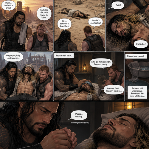 (Quick recap!) Roman reigns and Jon Moxley are in a post apocalypse,They complained about the heat,They see a man passing out because he got over heated,Turned out to be Seth Rollins (The love of their lives btw),They take him to their base and cool them off. (Now onto part 2!).2 hours have passed,Seth was still unconscious,Roman and Jon never left his side.Roman Gently held Seth’s hand. “Please…wake up” Roman pleaded softly