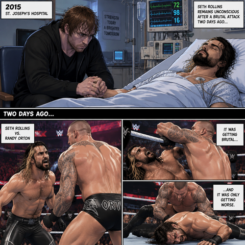 It’s the year 2015,We’re in a hospital. Seth Rollins was lying in a hospital bed unconscious. Dean Ambrose was sitting by his side and holding his hand. (What happened to Seth you ask? Well…let’s rewind to two days ago). Seth was in a match against Randy Orton. It was getting brutal