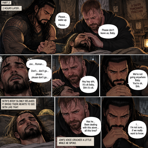 (Quick recap!) Roman reigns and Jon Moxley are in a post apocalypse,They complained about the heat,They see a man passing out because he got over heated,Turned out to be Seth Rollins (The love of their lives btw),They take him to their base and cool them off. (Now onto part 2!).2 hours have passed,Seth was still unconscious,Roman and Jon never left his side.Roman Gently held Seth’s hand. “Please…wake up” Roman pleaded softly.Jon gently stroked Seth’s head.”Please don’t leave us,Baby” Jon pleaded softly.Then….They heard Seth subconsciously speaking their names “Jon…Roman”. “Don’t…don’t go…please…please don’t go” Seth Said in his subconscious.He was having a nightmare. “Hey hey shh,It’s ok baby,Shh it’s ok” Jon said softly. “We’re not going anywhere Baby,You’re ok,Shh” Roman said softly. Seth’s body slowly relaxed.It broke their hearts to see Seth like that.Jon’s voice cracked a little while he spoke. “Has he…Been dealing with this alone…all this time?” Asked Jon.Roman couldn’t even bear the thought of it. “I…I’m not sure…if we really want to know” said Roman