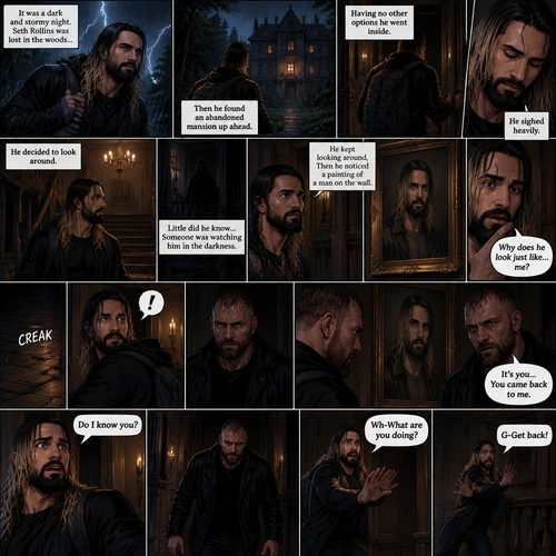 It was a dark and stormy night.Seth Rollins was lost in the woods,Then he found an abandoned mansion up ahead.Having no other options he went inside.He sighed heavily.He decided to look around,Little did he know…Someone was watching him in the darkness.He kept looking around,Then he noticed a painting of a man on the wall,He couldn’t help but notice…that the man in the painting…looked just like…him. “Why does he look just like…me?” Seth asked himself.Then…He heard the floor creak behind him,He turned around,A man (Jon Moxley) was standing right there.The man Looked at the painting and then he looked at Seth…..as if he….recognized him. “It’s you…You came back to me” The man said softly to Seth.Seth was confused. “Do I know you?” Seth asked.The man didn’t say anything else,He just simply walked slowly towards Seth.Seth got nervous and walked backwards slowly. “Wh-What are you doing?” Asked Seth. “G-Get back!” Said Seth