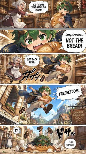 KAITO — EPISODE 1: THE GREAT ESCAPE!

Create a beautiful, full-color Japanese shonen fantasy comedy manga page with 5 dynamic panels.

SETTING:
The same cozy medieval fantasy house, beginning inside the food-filled pantry and ending outside on a sunny village street.

CHARACTER CONSISTENCY:
KAITO: An energetic, innocent 11-year-old boy with messy bright green hair, matching green eyes, bronze explorer goggles on his head, an ornate blue-and-gold poncho, beige trousers, sandals, a brown backpack and a mysterious blue pendant.

GRANDMOTHER: The same elderly woman with white hair tied in a bun, wearing a traditional apron. She is furious but comically expressive.

STORY — FOLLOW THIS EXACT ORDER:

PANEL 1 — THE WARNING:
Grandmother points angrily at Kaito, who is still sitting on the pantry floor holding a huge loaf of bread.

GRANDMOTHER:
"KAITO! PUT THAT BREAD DOWN!"

Kaito looks at her, then at his bread.

PANEL 2 — THE DECISION:
Close-up of Kaito hugging the loaf tightly against his chest, looking determined.

KAITO:
"Sorry, Grandma... NOT THE BREAD!"

PANEL 3 — THE ESCAPE:
Kaito suddenly jumps to his feet and runs through the house at full speed, clutching his bread.

His grandmother chases him, waving her arms.

GRANDMOTHER:
"GET BACK HERE!"

Add exaggerated speed lines and hilarious expressions.

PANEL 4 — THE WINDOW:
Kaito leaps dramatically through an OPEN wooden window into the sunny fantasy village street.

His blue poncho flutters behind him and his backpack bounces.

KAITO:
"FREEEEEDOM!"

Make this panel cinematic and full of movement.

PANEL 5 — THE LANDING:
Kaito loses his balance and lands face-first on his giant loaf of bread in the middle of the village street.

Bread crumbs fly everywhere. His legs stick up comically.

A small speech bubble comes from beneath the bread.

KAITO:
"...Still worth it."

STYLE:
Vibrant full-color Japanese shonen manga, professional comic panel composition, expressive anime faces, dynamic camera angles, beautiful fantasy v