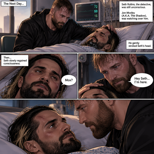 (Part 2 of the Vigilante x detective story). The next day,Seth Rollins (The detective) was still unconscious. Jon Moxley (A.K.A The vigilante known as the shadow) was watching over him. He gently stroked Seth’s head. Then…Seth slowly regained consciousness. He spoke weakly “Mox?”. “Hey Seth…I’m here” Jon said Softly