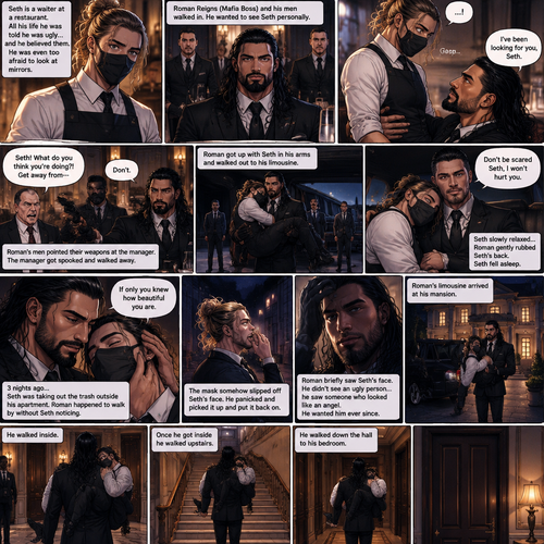 (Recap) Seth Rollins is a waiter at a restaurant,He’s wearing a mask that covers his face because all his life he was told he was ugly and he believed them,He’s also was even too afraid to look at mirrors,Then Roman Reigns (Mafia Boss) and his men walked in and sat down at a table,He wanted to see Seth personally,Seth was nervous but walked over here,Roman wrapped his arm around Seth’s waist and pulled him onto his lap,Seth gasped softly,Roman stated that he’s been Looking for Seth,Seth was confused,The manager walked over and was about to lecture Seth but Roman’s men pointed their weapons at him,Roman gave him a cold look and said “Don’t”,The manager got spooked and walked away,Roman got up with Seth in his arms and walked out to his limousine. He put Seth on the seat,Then he got in and sat beside him,The driver drove away,Roman Wrapped his arm around Seth,”Don’t be scared Seth,I won’t hurt you” Roman Said softly. Seth slowly relaxed,Roman gently rubbed Seth’s back,Seth fell asleep,Roman gently traced the mask on Seth’s face,”If only you knew how beautiful you are” Roman said Softly,3 nights ago Seth was taking out the trash outside his apartment,Roman happened to walk by without Seth noticing,The mask somehow slipped off Seth’s face,He panicked and picked it up and put it back on,Roman briefly saw Seth’s face,He didn’t see an ugly person,he saw someone who looked like an angel,He wanted him ever since. (And now part 4). Roman’s limousine arrived at his mansion. He got out while holding the sleeping Seth in his arms. He walked inside,Once he got inside he walked upstairs. He walked down the hall to his bedroom