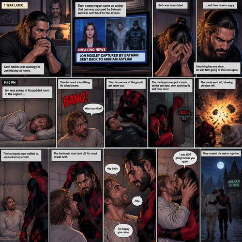 (Part 4 of the Joker x Harlequin story). 1 year later,Seth Rollins was waiting for Jon Moxley (The Joker) at home. Then a news report came on saying that Jon was captured by Batman and was sent back to the asylum. Seth was devastated…and then he was angry. One thing became clear…He was NOT going to lose him again. 9:40 pm,Jon was asleep in his padded room in the asylum…then he heard a loud Bang. He jolted awake. “What was that?” Jon asked himself,Then he saw one of the guards get taken out. There was a man in a red and black Harlequin costume,He was wearing a mask. Jon was confused. The Harlequin man put a bomb on the cell door,then activated it and took cover. Jon took cover as well. The bomb went off,blowing the door off. The harlequin man walked in. Jon looked up at him. The harlequin man took off his mask,It was Seth. Jon was happy. “Hey baby” Said Jon. “Hey” Said hey. They kissed. “I’m happy you came” Said Jon. “I was NOT going to lose you again” said Seth. They escaped the asylum together