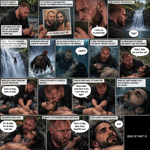 (Recap) Still in the Zombie Apocalypse. Seth Rollins’s world was still black after he fell down a waterfall and hit the water,The his body coughed out water,Then a familiar voice faded in saying “It’s ok baby,It’s ok baby,I got you”,he slowly opened his eyes,the familiar voice spoke again saying “That’s it baby,Open those beautiful eyes”,his vision cleared,he sees Jon Moxley looking down at him and holding him with tears of joy in his eyes,”Jon?” Seth asked weakly. (And now part 3) (This is Jon Moxley’s POV). Jon was sitting down on a log near the river alone looking sad. He looked at a romantic photo of Him and Seth before the zombie apocalypse began. Jon thought Seth died the day the zombie apocalypse began 4 years ago. Tears streamed down Jon’s face,He gently kissed the photo he’s holding. “I miss you so much baby” Said Jon. He looked at the waterfall,He sighed,Then….He sees someone falling down the waterfall and hitting the water. He rushes over and jumps in the water,As he swam closer he got a better look at the person….Jon was shocked….It was the man he loved…The one he thought he lost….Seth Rollins. He swam faster and managed to Get Seth,He swam back to shore while holding Seth. He gently laid Seth down on the shore. “Baby?,Baby can you hear me?” Jon asked. When Seth didn’t respond Jon did CPR on him. “Come on baby,Come on baby” said Jon. He then did mouth to mouth on Seth,Then he went back to doing CPR. “Please Baby,come back to me,I can’t lose you again” said Jon…when all hope seemed lost….Seth started coughing out water.Jon gently held Seth. “It’s ok baby,It’s ok baby,I got you” Jon said softly. Tears of Joy streamed down Jon’s face. Seth slowly opened his eyes. “That’s it baby,Open those beautiful eyes” Jon said softly. “Jon?” Seth asked weakly (End of part 3)