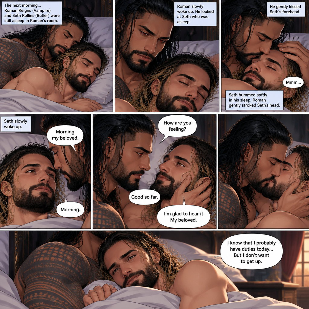 (Part 3 of the Vampire x Butler story). The next morning,Roman Reigns (Vampire) and Seth Rollins (Butler) were still asleep in Roman’s room. Roman slowly woke up. He looked at Seth who was asleep. He gently kissed Seth’s forehead. Seth hummed softly in his sleep. Roman gently stroked Seth’s head. Seth slowly woke up. “Morning my beloved” Roman said softly. “Morning” Seth said Seth. Roman Gently placed his hand on Seth’s cheek. “How are you feeling?” Roman Asked softly. “Good so far” Seth said softly. “I’m glad to hear it My beloved” Roman said softly. Roman gently kissed Seth softly. “I know that I probably have duties today…But I don’t want to get up” Seth said softly