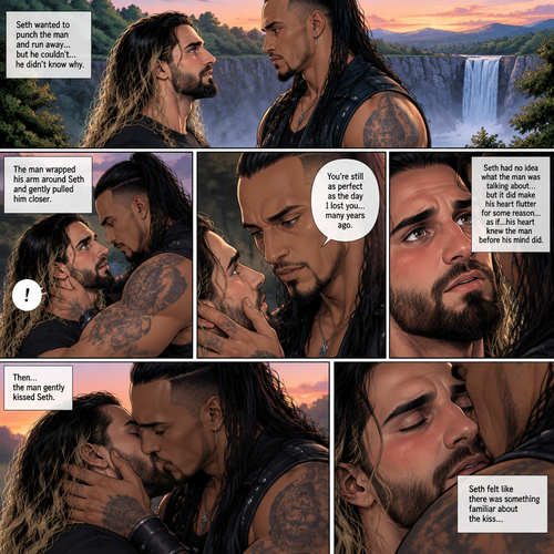 Part 4.Still at the cliff near the forest clearing with the waterfall view. Seth Rollins and the mysterious man (Damien priest) were staring into each other’s eyes. Seth wanted to punch the man and run away….but he couldn’t…he didn’t know why. The man wrapped his arm around Seth and gently pulled him closer. Seth was caught off guard. The man gently put his hand on Seth’s cheek. “You’re still as perfect as the day I lost you…many years ago” said the man. Seth had no idea what the man was talking about…but it did make his heart flutter for some reason…as if…his heart knew the man before his mind did,Then…the man gently kissed Seth. Seth felt like there was something familiar about the kiss