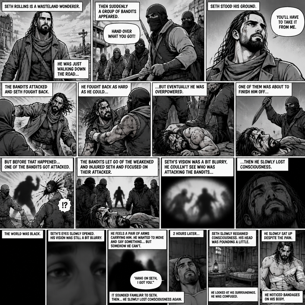 (Recap).Seth Rollins is a wasteland wonderer,He was just walking down the road,Then suddenly A group of bandits appeared,Seth stood his ground,Then the bandits attacked and Seth fought back,He fought back as hard as he could,but eventually he was overpowered,The bandits beat him up really badly,One of them was about to finish him off but before that happened One of the bandits got attacked,The bandits let go of the weakened and Injured Seth and focused on their attacker,Seth’s vision was a bit blurry,he couldn’t see who was attacking the bandits,then he slowly lost consciousness. (And now part 2). The world was black. Seth’s eyes slowly opened,His vision was still a bit blurry. He feels a pair of arms carrying him. He wanted to move and say something…but somehow he can’t. Then he heard a faint voice saying “Hang on Seth,I got you”. It sounded familiar to Seth. Then…Seth slowly lost consciousness again. 2 hours later,Seth slowly regained consciousness. His head was pounding a little. He looked at his surroundings. He was confused. He slowly sat up despite the pain. He noticed bandages on his body