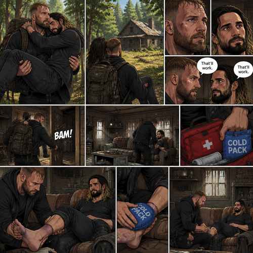 (Part 5). Still in the zombie apocalypse. Jon Moxley was walking in the woods while Holding Seth Rollins in his arms after emotional reunion near the river. Seth was resting his head on Jon’s shoulder while holding on. Jon looked ahead and he sees an abandoned Cabin. Seth Sees it too. Jon and Seth looked at each other,Then they looked back at the cabin. “That’ll work” Jon and Seth said in unison. Jon walked to the cabin,Then he kicked the door open and walked inside. He gently put Seth down on the couch. He reached into his bag and pulled out a first aid kit,He gently lifted Seth’s sprained ankle,He grabbed an ice pack from the first aid kit and gently puts it on Seth’s ankle