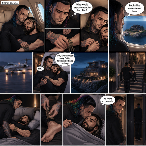 (Part 4). Still on the private plane. 1 hour had passed. The nefarious Jeff Hardy and Seth Rollins (A secret agent) were still asleep after Seth’s emotional breakdown. Seth’s wrists and ankles were still tied up and still in Jeff’s arms. Jeff woke up,He looked down at Seth who was still asleep. He thought back to Seth’s emotional breakdown About his past. Jeff had sadness in his eyes again,He looked at Seth’s wrists…and untied them. He gently rubbed one of Seth’s wrists. “Why would anyone want to hurt him?” Jeff quietly asked himself. Jeff looked out the window,His secret lair was in sight. “Looks like we’re almost there” Jeff said to himself. Jeff could wake Seth up….But he decided to let him sleep more. The plane landed. Jeff gently lifted Seth in his arms. Seth woke up a little “hm?”. “Shh,Everything’s okay Cutie,You can go back to sleep” Jeff said softly. Seth went back to sleep. Jeff walked out of the plane with Seth in his arms,He got in his secret liar. He walked upstairs to his room and Gently put Seth oh the bed. Jeff looked at Seth’s ankles…and untied them. After he was done Jeff put a blanket over Seth,He gently kissed his forehead. He quietly got up and walked to the door,He opened the door,He looked back at Seth who was still sleeping. “He looks so peaceful” Jeff quietly said to himself. He walked out of the room and quietly closed the door. (End of part 4)