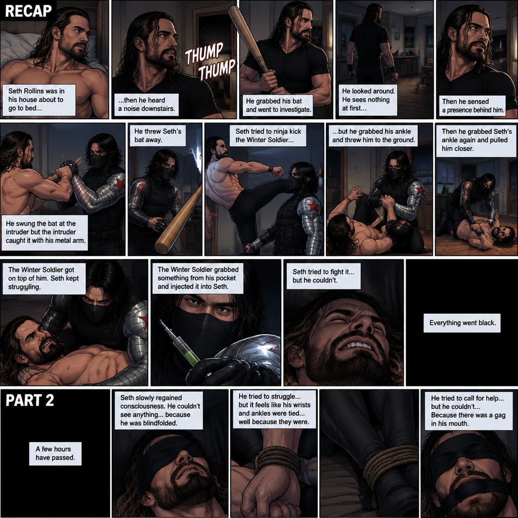 (Recap). Seth Rollins was in his house about to go to bed then he heard a noise downstairs,He grabbed his bat and went to investigate,He looked around He sees nothing at first,Then he sensed a presence behind him,He swung the bat and the intruder but the intruder caught it with his metal arm,That’s right it’s the winter soldier,He threw Seth’s bat away,Seth tried to ninja kick the winter soldier but he grabbed his ankle and threw him to the ground,Then he grabbed he grabbed Seth’s ankle again and pulled him closer,Seth struggled,The winter soldier got on top of him,Seth kept struggling,The winter soldier grabbed something from his pocket and injected it into Seth,Seth tried to fight it,but he couldn’t,Everything went black. (And now part 2). A few hours have passed,Everything was still black,Then…Seth slowly regained consciousness. He couldn’t see anything…because he was blindfolded. He tried to struggle…but it feels like his wrists and ankles were tied…well because they were. He tried to call for help…but he couldn’t…Because there was a gag in his mouth