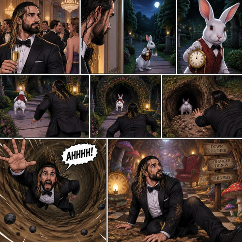 Seth Rollins was at a fancy party,Then he sees a white rabbit outside.It’s wearing a fancy vest and holding a pocket watch and it’s looking at him.Then it starts hopping away and Seth followed it.The rabbit kept hopping and Seth kept following,Until the rabbit jumped down the rabbit hole.Seth looked in the hole…Then he leaned in to far and started falling down the hole. “AHHHH!” Seth Yelled.He kept falling and falling,Till eventually he landed on the bottom.He looked at his surroundings