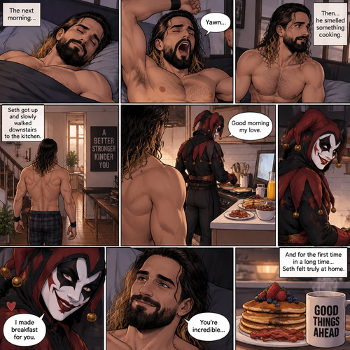 (Recap) Seth Rollins came home after a long day at work,a bouquet of roses were on the table,There’s a card that says “I hope you had a wonderful day at work My love! -The Jester”,The jester had been stalking Seth and giving him gifts for weeks,he hoped to one day find out who the Jester was,the next day he came home from work…But the front door was cracked open a little,he got tense and approached with caution,then he heard a voice coming from the living room “Hello my love”,The Jester was sitting on Seth’s couch,The Jester got up,he slowly walked towards Seth,He lifted Seth in his arms,He walked back to the couch and sat down putting Seth on his lap,Then they cuddled on the couch. (And now part 2). The next morning,Seth was asleep in bed. He slowly woke up,Then he slowly sat up. He stretched his arms out and yawned. Then…he smelled something cooking. He got up and slowly walked downstairs to the kitchen. The Jester was making breakfast,Then he noticed Seth was awake and smiled. “Good morning my love” Said the Jester