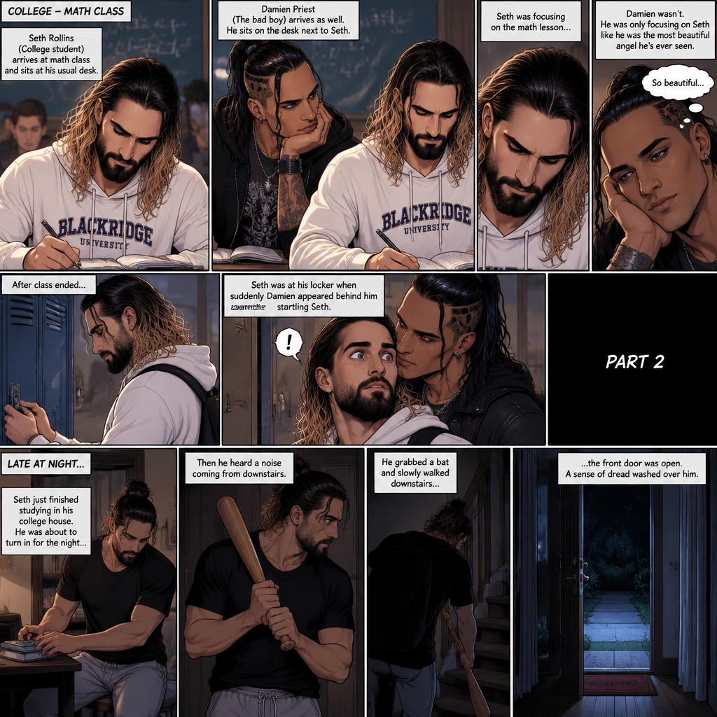 (Recap) Seth Rollins (College student) Arrives at math class and sits at his usual desk,Damien Priest (The bad boy) arrives as well,He sits on the desk next to Seth,Seth was focusing on the math lesson…Damien wasn’t,He was only focusing on Seth like he was the most beautiful angel he’s ever seen,”So beautiful” Damien thought in his mind,After class ended Seth was at his locker when suddenly Damien appeared behind him startling Seth. (And now part 2). It was late at night,Seth just finished studying in his college house. He was about to turn in for the night….Then he heard a noise coming from downstairs. He grabbed a bat and slowly walked downstairs…the front door was open. A sense of dread washed over him