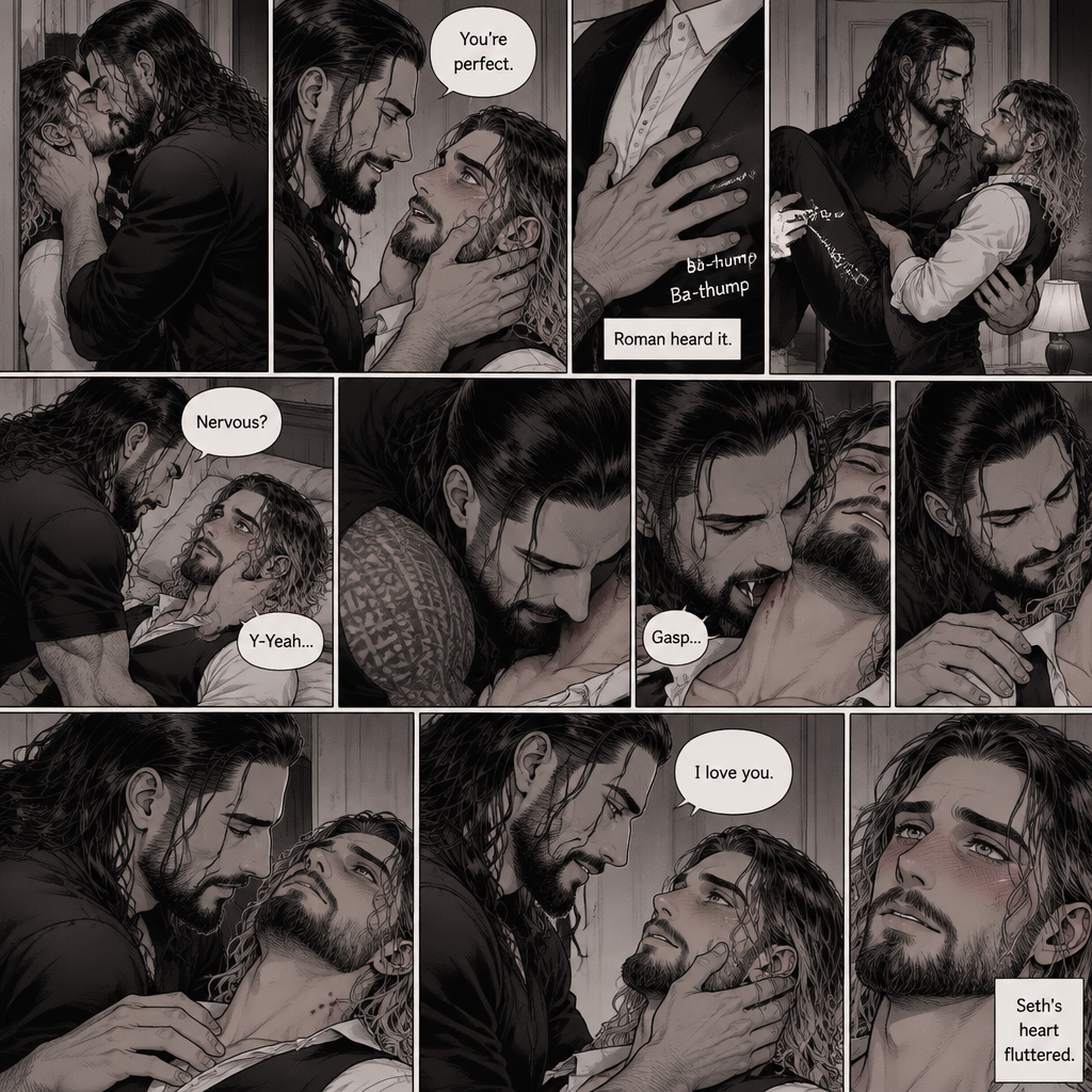 Part 3 of the Vampire x Butler story.Sill in the bedroom of the man of the house (Roman Reigns). He was kissing the Butler (Seth Rollins) against the wall. He smiled at Seth afterwards. Seth was flustered.Roman gently put his hand on Seth’s cheek. “You’re perfect” Roman said softly.Seth’s heart fluttered.Roman heard it,He gently placed his other hand on Seth’s chest to feel the heartbeat.After a while he lifted Seth into his arms.He walked to the bed and gently put Seth down on the bed.Seth looked up at Roman nervously. “Nervous?” Asked Roman. “Y-Yeah” Said Seth.Roman leaned forward towards Seth’s neck.He then wrapped his arms around him in his embrace.He put his lips on Seth’s neck.Seth’s breath hitched a little,Then….Roman’s fangs pierced Seth’s neck.Seth gasped softly.Roman Gently put his hand on Seth’s shoulder and gently rubbed it. After about a minute,Roman removed his fangs from Seth’s neck. He caressed Seth’s cheek. Seth looked at Roman. “I love you” Roman said softly. Seth’s heart fluttered