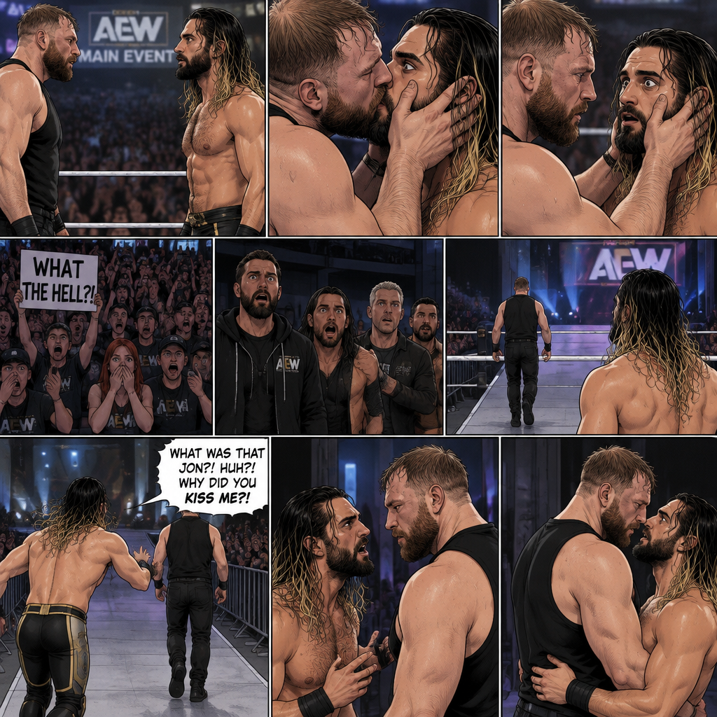Jon Moxley and Seth Rollins were in a match against each other. It’s the main event. It seemed like it was gonna go on for a while…but then….something unexpected happened. Jon cupped his hands on Seth’s face….pulled him in…and kissed him. Seth’s eyes widened,The fans went crazy with shock,even some of the superstars that were watching were shocked. Jon then pulled away. Seth just stood there stunned. Jon didn’t say a word,he walked out of the ring and walked up the ramp. Seth eventually snapped out of it and left the ring to run to Jon. He managed to catch up to him. “What was that Jon?! Huh?! Why did you kiss me?!” Seth asked. Jon stopped walking and looked at Seth,He still didn’t say a word. He walked closer to Seth. He wrapped his arm around Seth’s waist and pulled him close