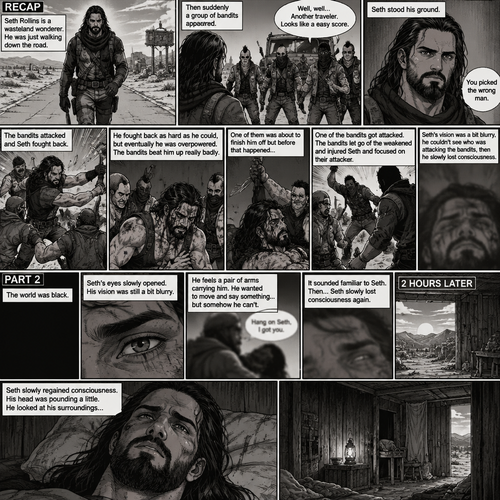 (Recap).Seth Rollins is a wasteland wonderer,He was just walking down the road,Then suddenly A group of bandits appeared,Seth stood his ground,Then the bandits attacked and Seth fought back,He fought back as hard as he could,but eventually he was overpowered,The bandits beat him up really badly,One of them was about to finish him off but before that happened One of the bandits got attacked,The bandits let go of the weakened and Injured Seth and focused on their attacker,Seth’s vision was a bit blurry,he couldn’t see who was attacking the bandits,then he slowly lost consciousness. (And now part 2). The world was black. Seth’s eyes slowly opened,His vision was still a bit blurry. He feels a pair of arms carrying him. He wanted to move and say something…but somehow he can’t. Then he heard a faint voice saying “Hang on Seth,I got you”. It sounded familiar to Seth. Then…Seth slowly lost consciousness again. 2 hours later,Seth slowly regained consciousness. His head was pounding a little. He looked at his surroundings