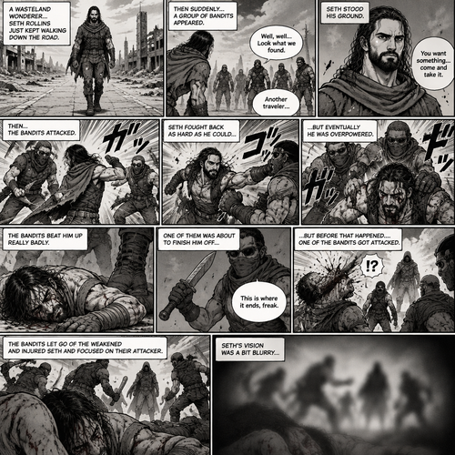 Seth Rollins is a wasteland wonderer,He was just walking down the road. Then suddenly….A group of bandits appeared. Seth stood his ground. Then….the bandits attacked and Seth fought back. He fought back as hard as he could…but eventually he was overpowered. The bandits beat him up really badly. One of them was about to finish him off…but before that happened…..One of the bandits got attacked. The bandits let go of the weakened and Injured Seth and focused on their attacker. Seth’s vision was a bit blurry